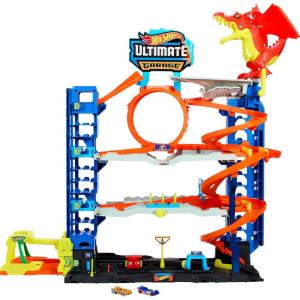 imageHot Wheels City Ultimate Garage Track Set with 2 DieCast Toy Cars ampamp CarEating Dragon Stores 50 Vehicles 4 LevelsGarage