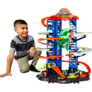imageHot Wheels Ultimate Garage Track Set with 2 Toy Cars Hot Wheels City Playset with MultiLevel SidebySide Racetrack Moving TRex Dino ampamp Storage for 100 164 Scale Vehicles Amazon ExclusiveGarage