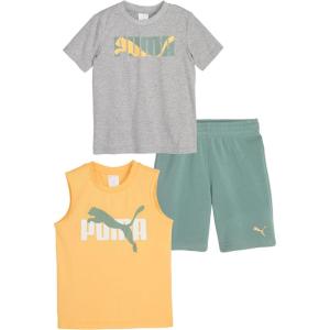 imagePUMA boys 3 Piece Set Short Sleeve Cotton Jersey Tshirt and Muscle Tee ampamp Matching ShortApricotHeather Grey