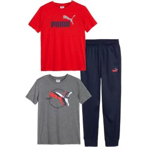 imagePUMA boys 3 Piece Set Short Sleeve Cotton Jersey Tshirts ampamp Matching Tricot PantCharcoal Heather