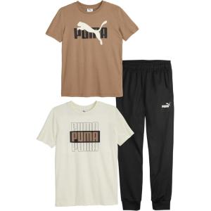 imagePUMA boys 3 Piece Set Short Sleeve Cotton Jersey Tshirts ampamp Matching Tricot PantTaupe